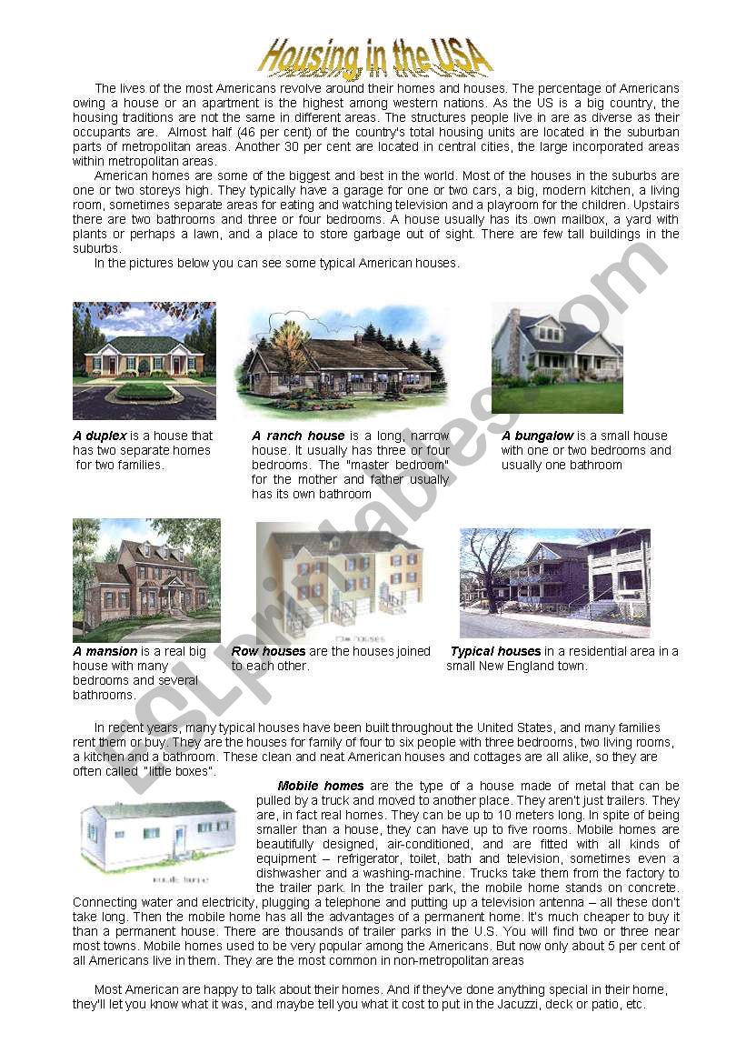 Housing in the uSA worksheet
