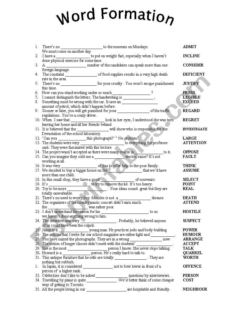 !!! WORD  FORMATION 35 sentences !!! THE KEY INCLUDED :) 