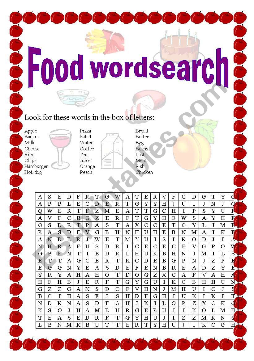 food wordsearch worksheet