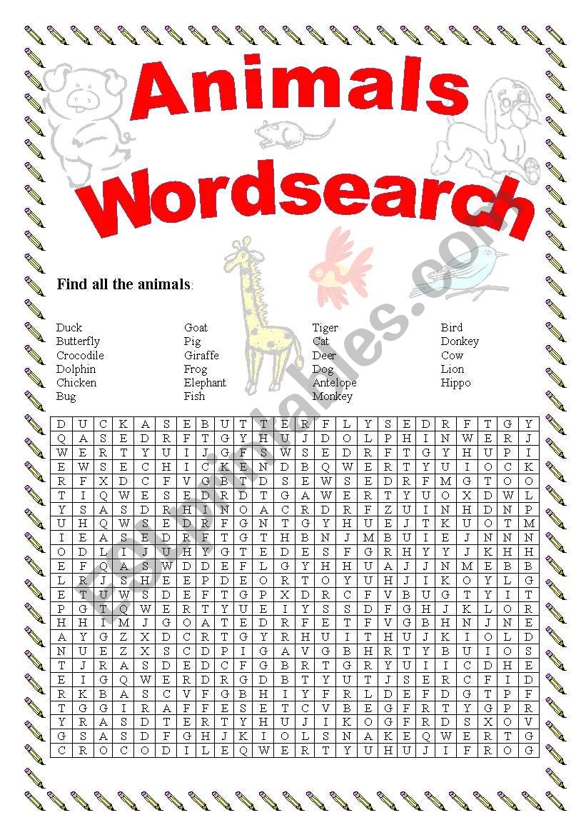 Animal wordsearch worksheet