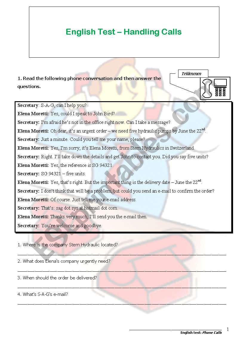 Phone calls worksheet