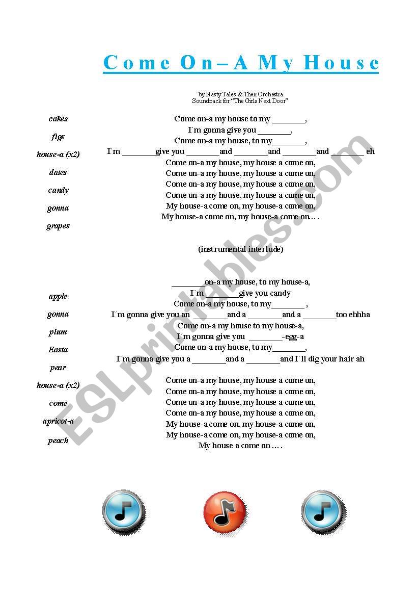 SONG, COME ON-A MY HOUSE worksheet