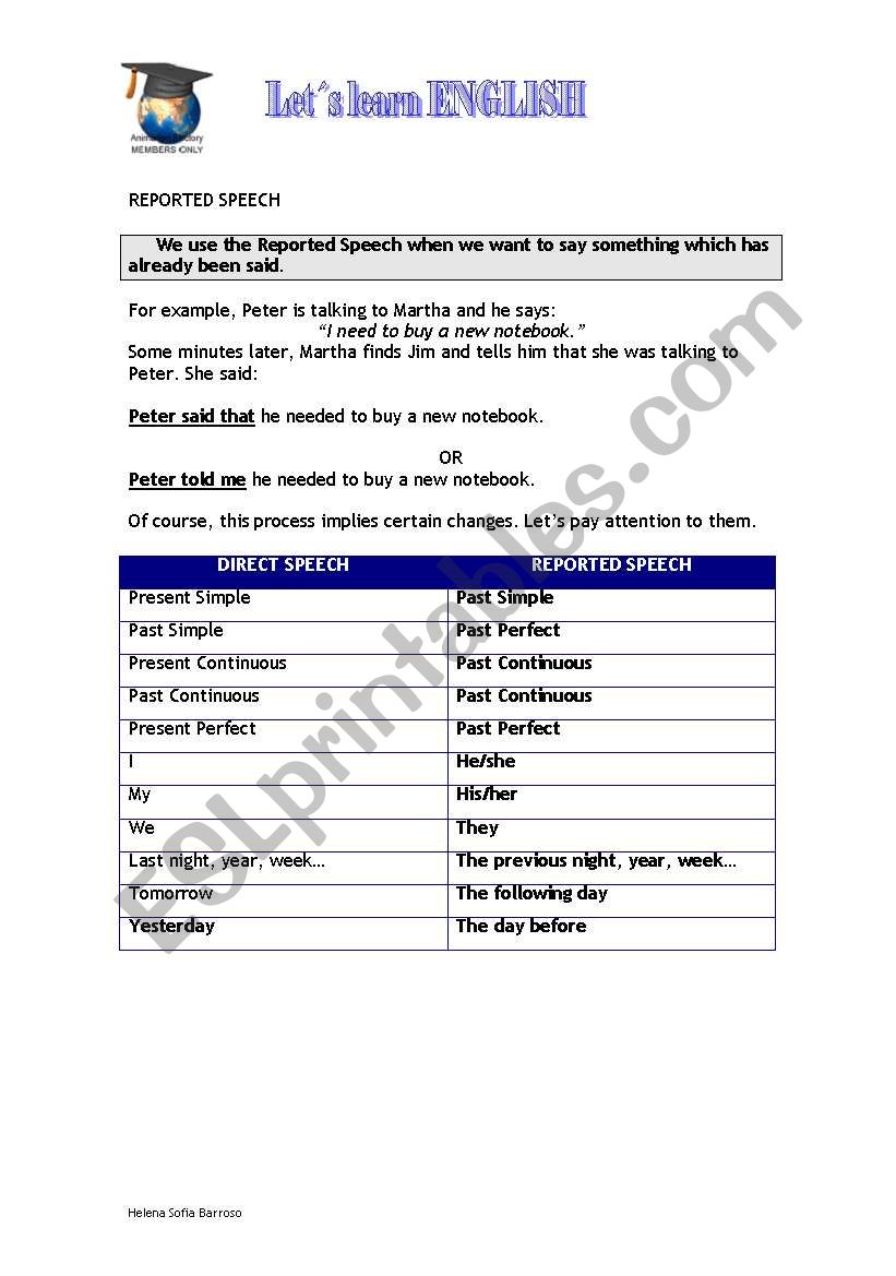 reported speech worksheet