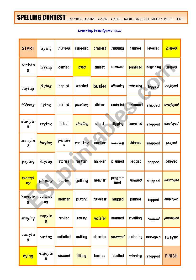 Spelling BOARDGAME maze (9 pages) -ing / -ied, -tt, -pp, -dd, -nn, -yed