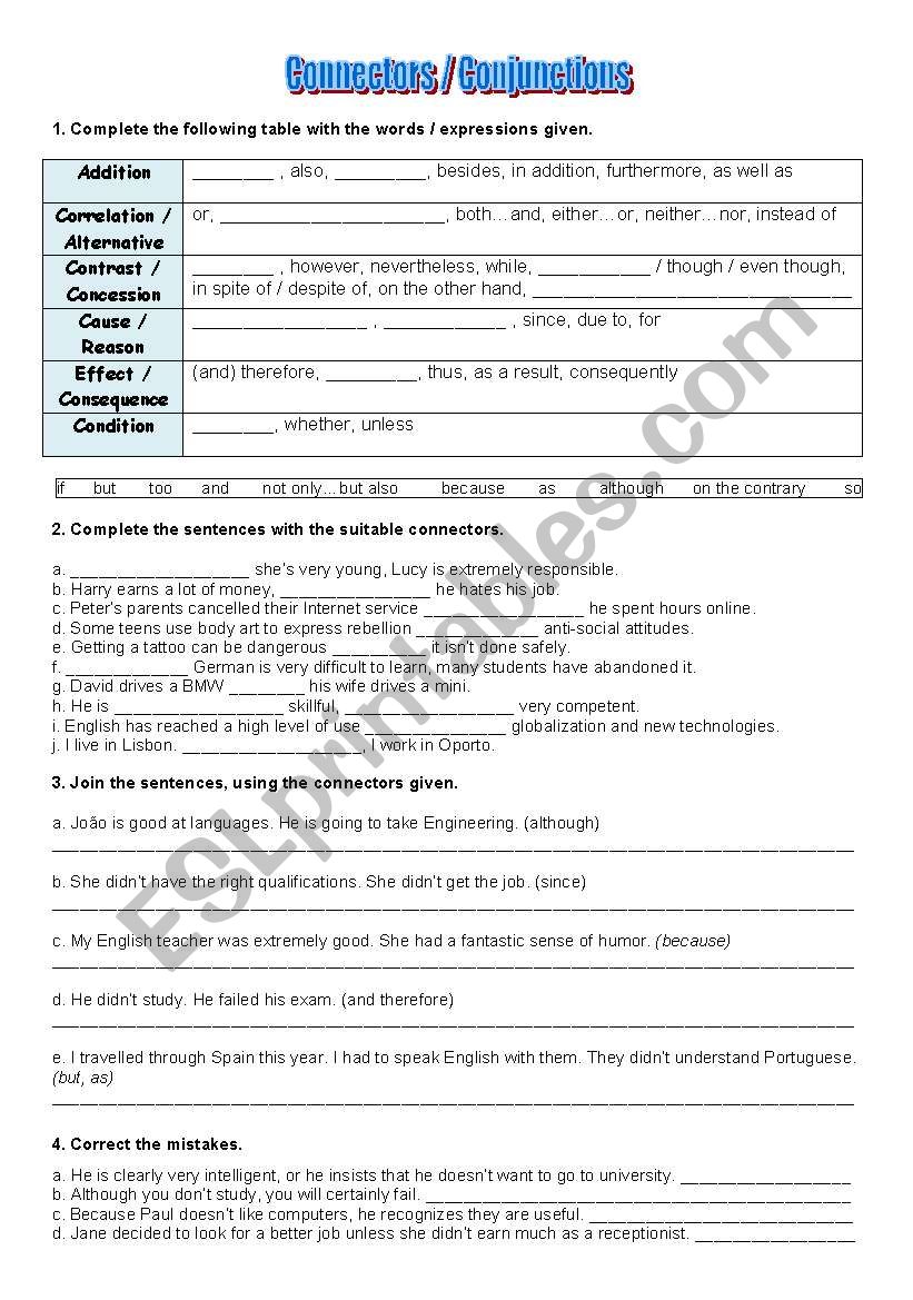 Connectors and Conjunctions worksheet