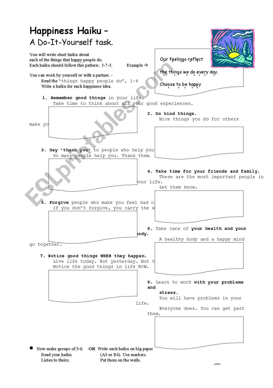 Happiness Haiku - ESL worksheet by marchelgesen