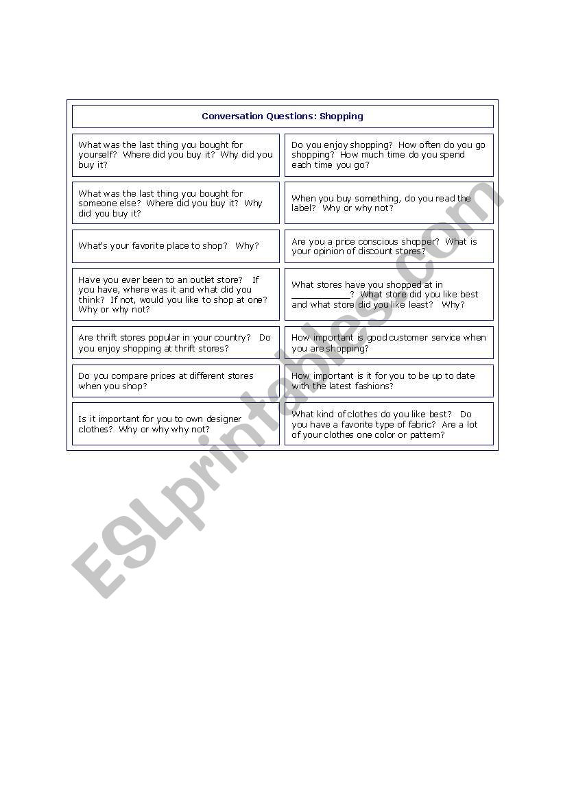 SHOPPING worksheet