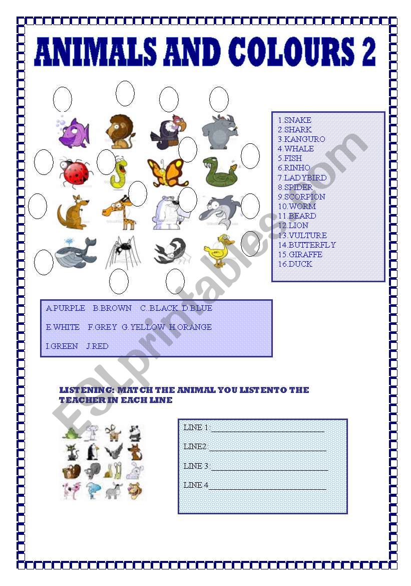 ANIMALS AND COLOURS 2 worksheet