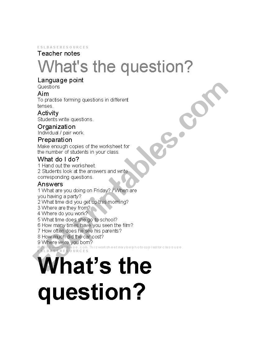 Whats the Question worksheet