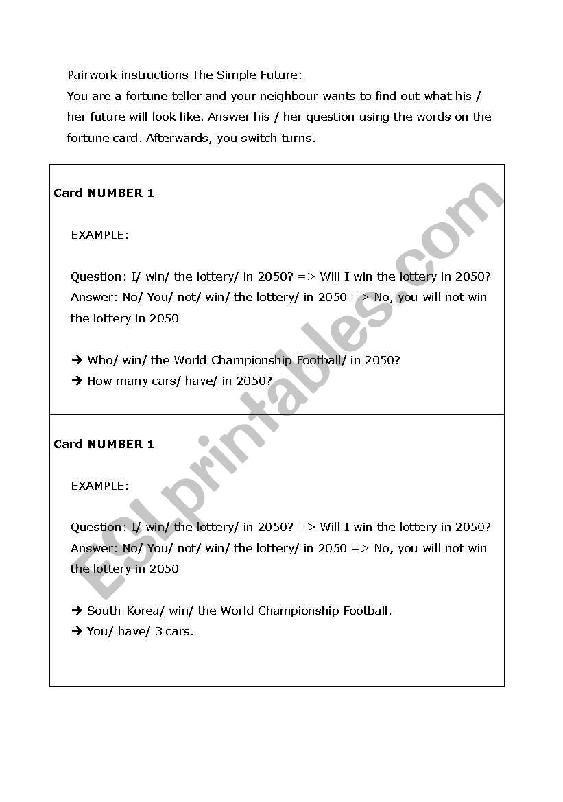 Pairwork The Simple Future worksheet