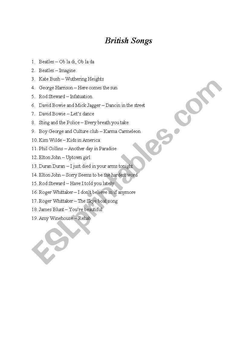 English songs worksheet