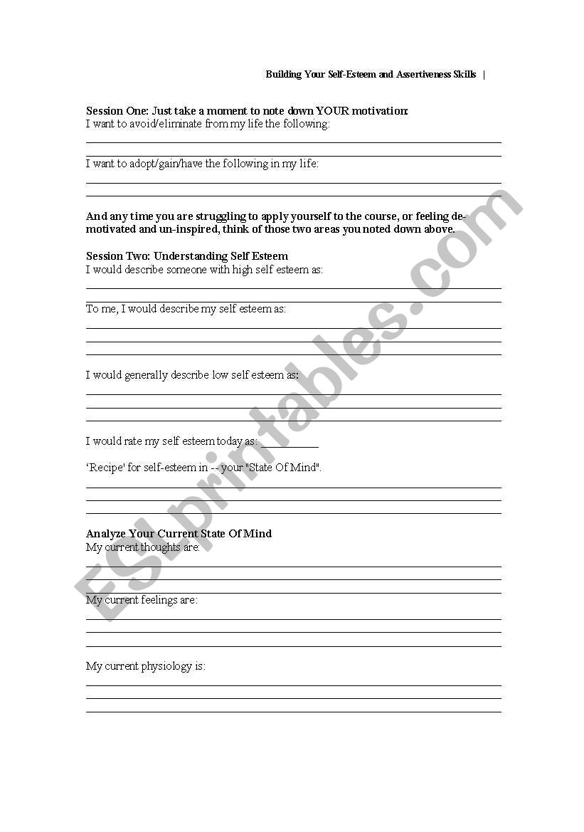 Self Esteem worksheet