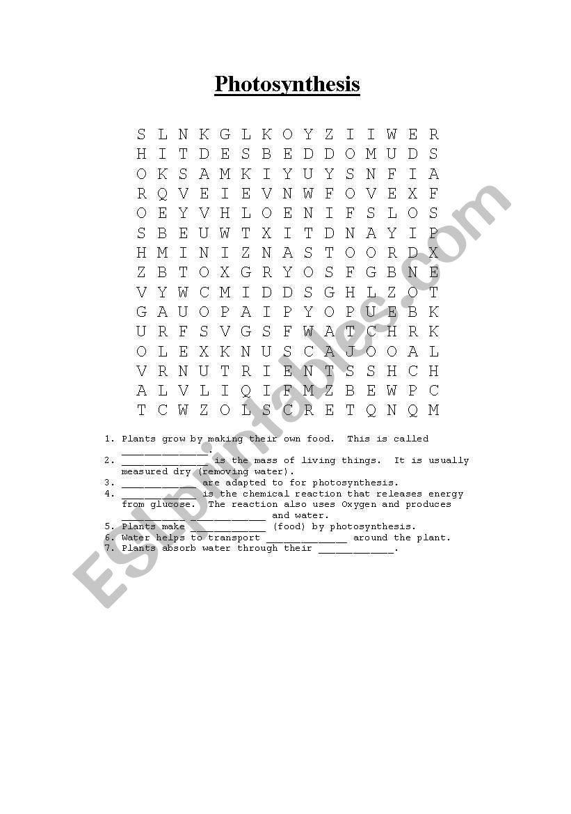 Photosynthesis - Wordsearch worksheet