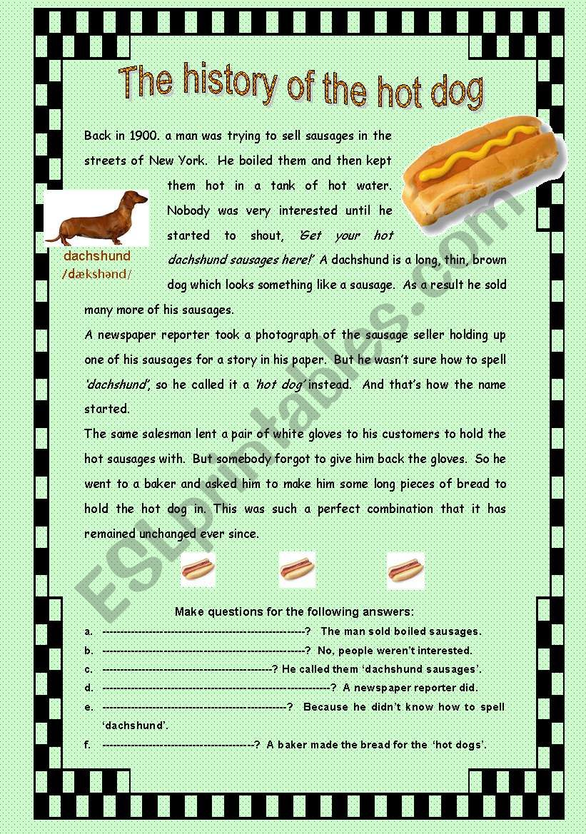 The history of the hot dog  worksheet