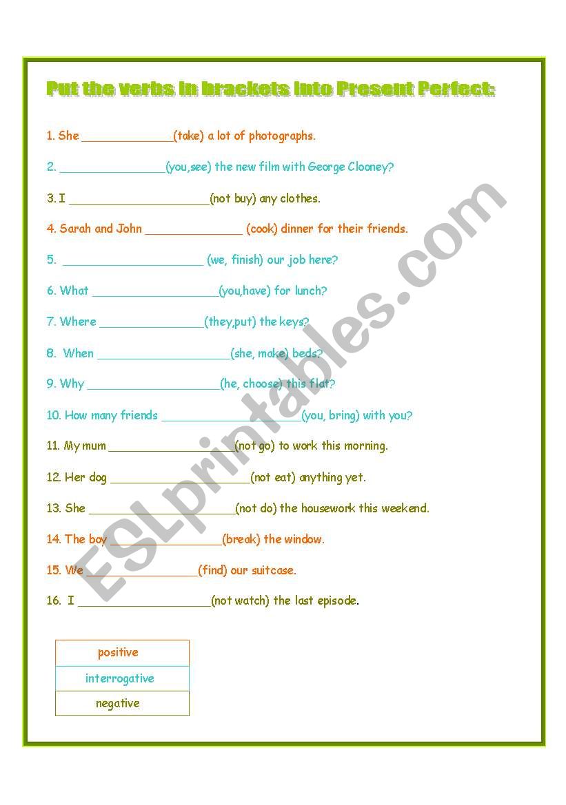 The Present Perfect Tense worksheet