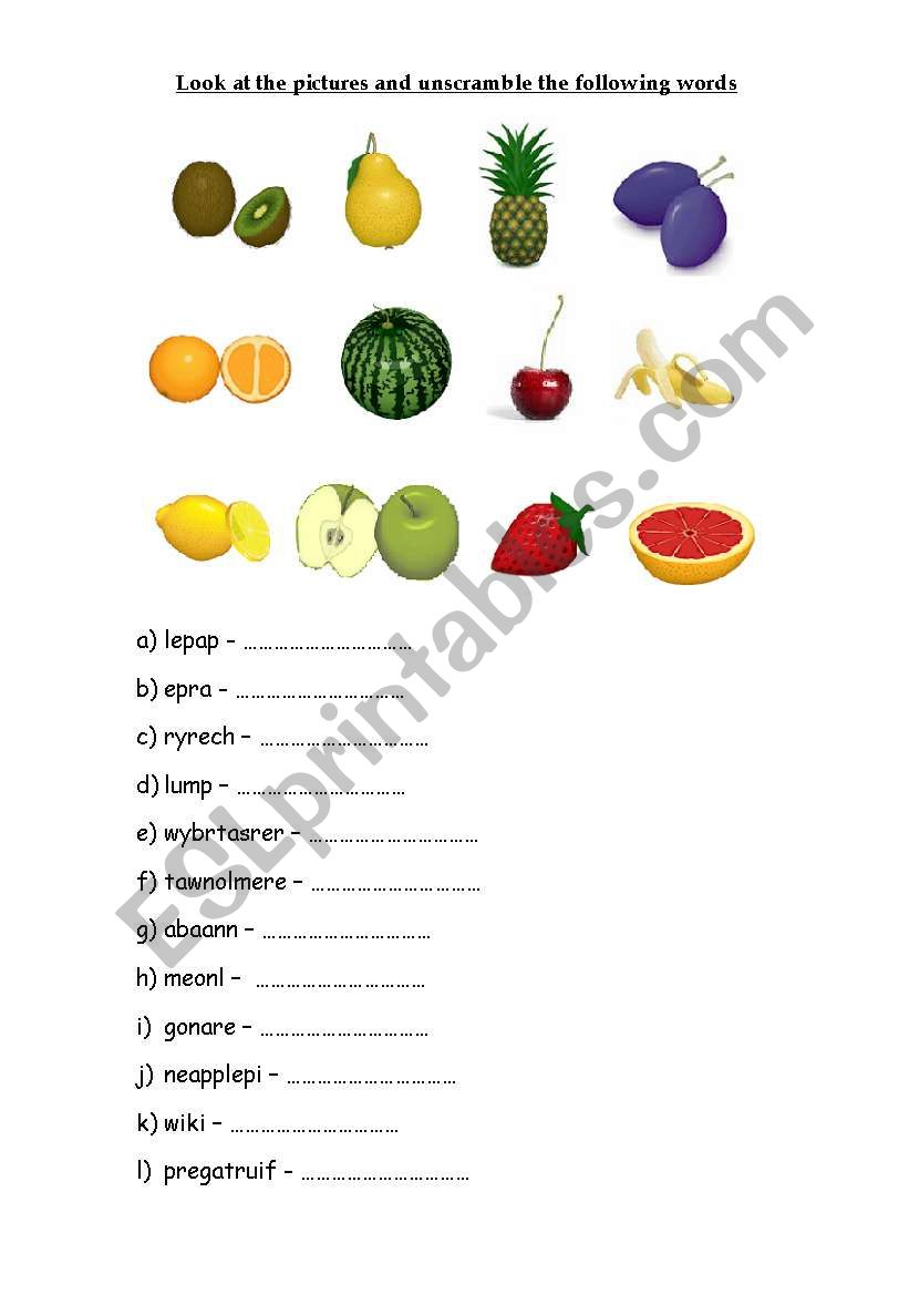 UNSCRAMBLE FRUIT NAMES worksheet