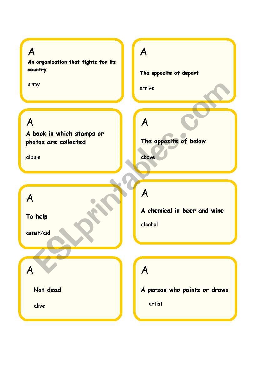 A-cards (56) for the alphabet board game( different levels)