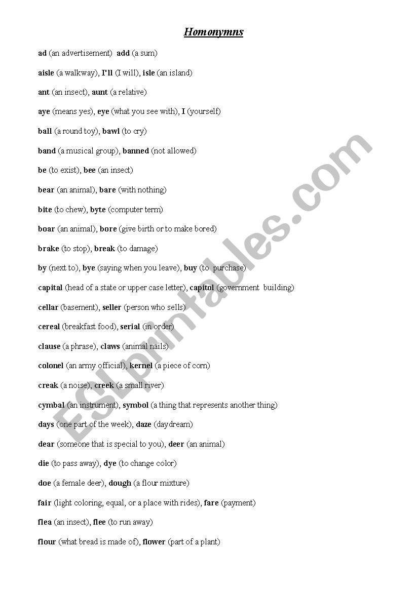 Homonyms worksheet