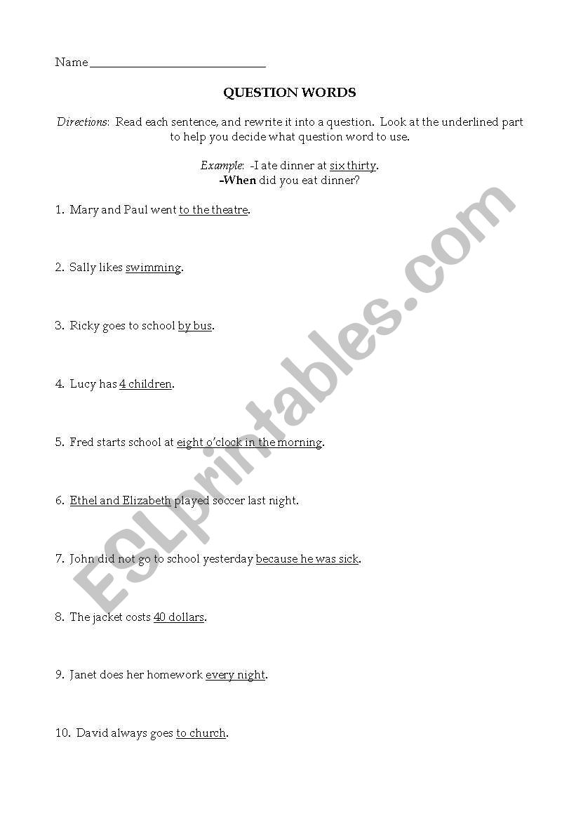 Question Words worksheet