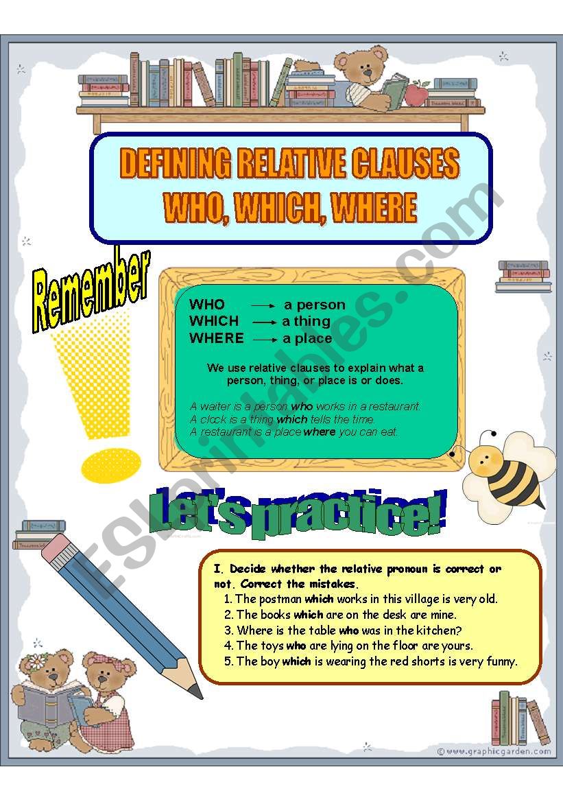 Defining relative clauses WHO, WHICH, WHERE  (3sheets) + KEY
