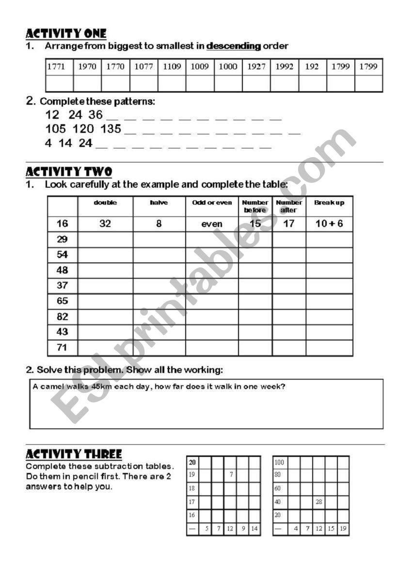 Maths activity 1-3 worksheet