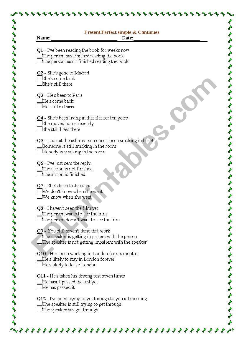 Present perfect worksheet