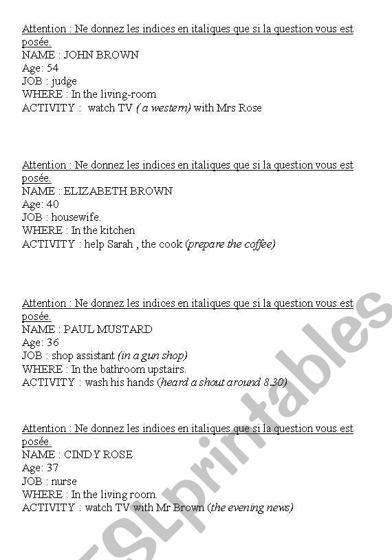 Cluedo type game worksheet