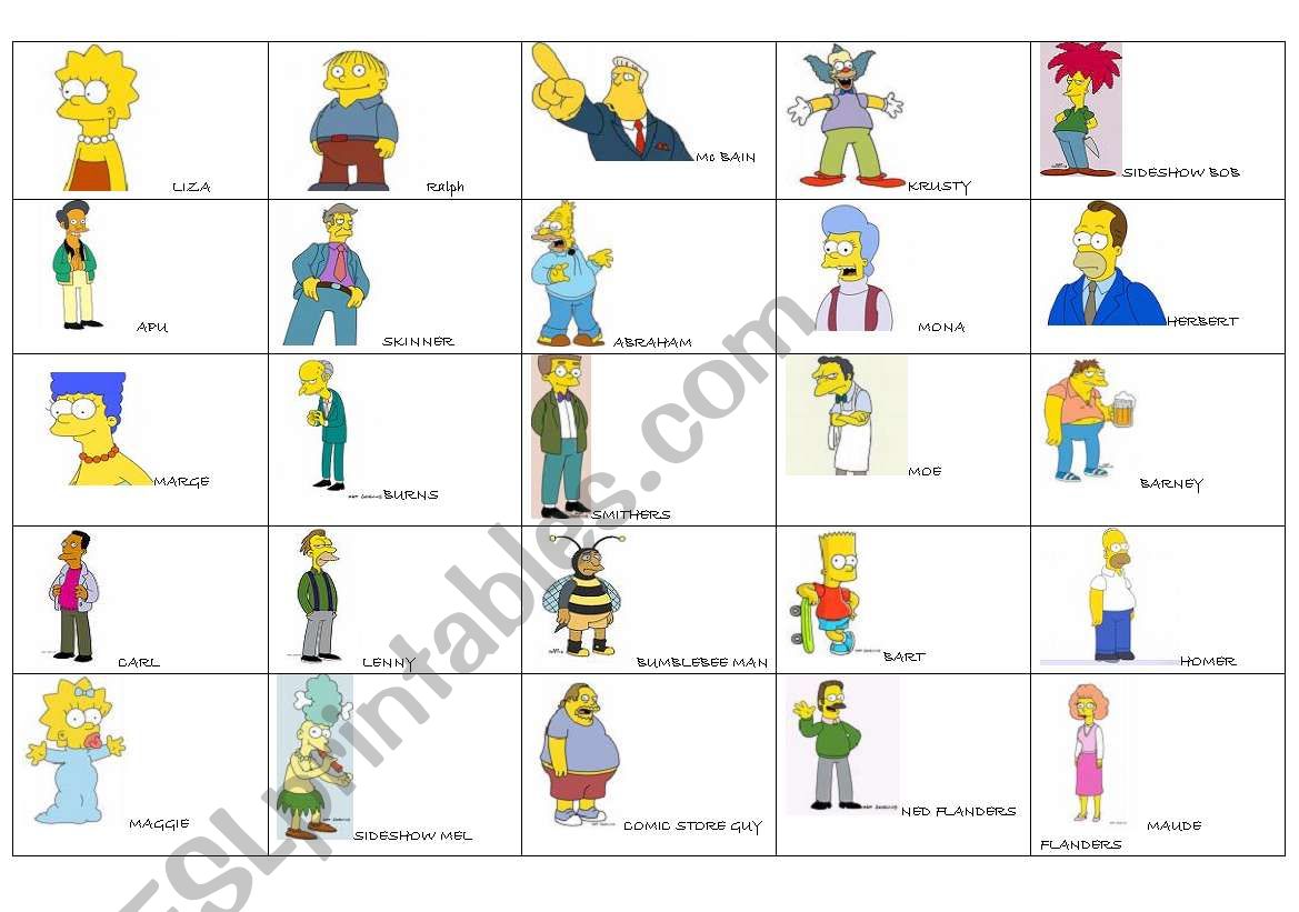 Guess Who simpsons Game worksheet