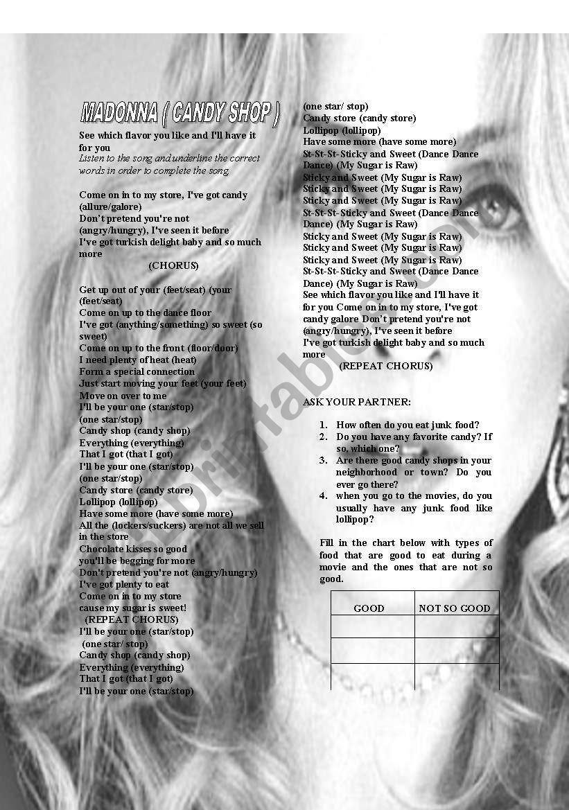 candy shop by madonna worksheet