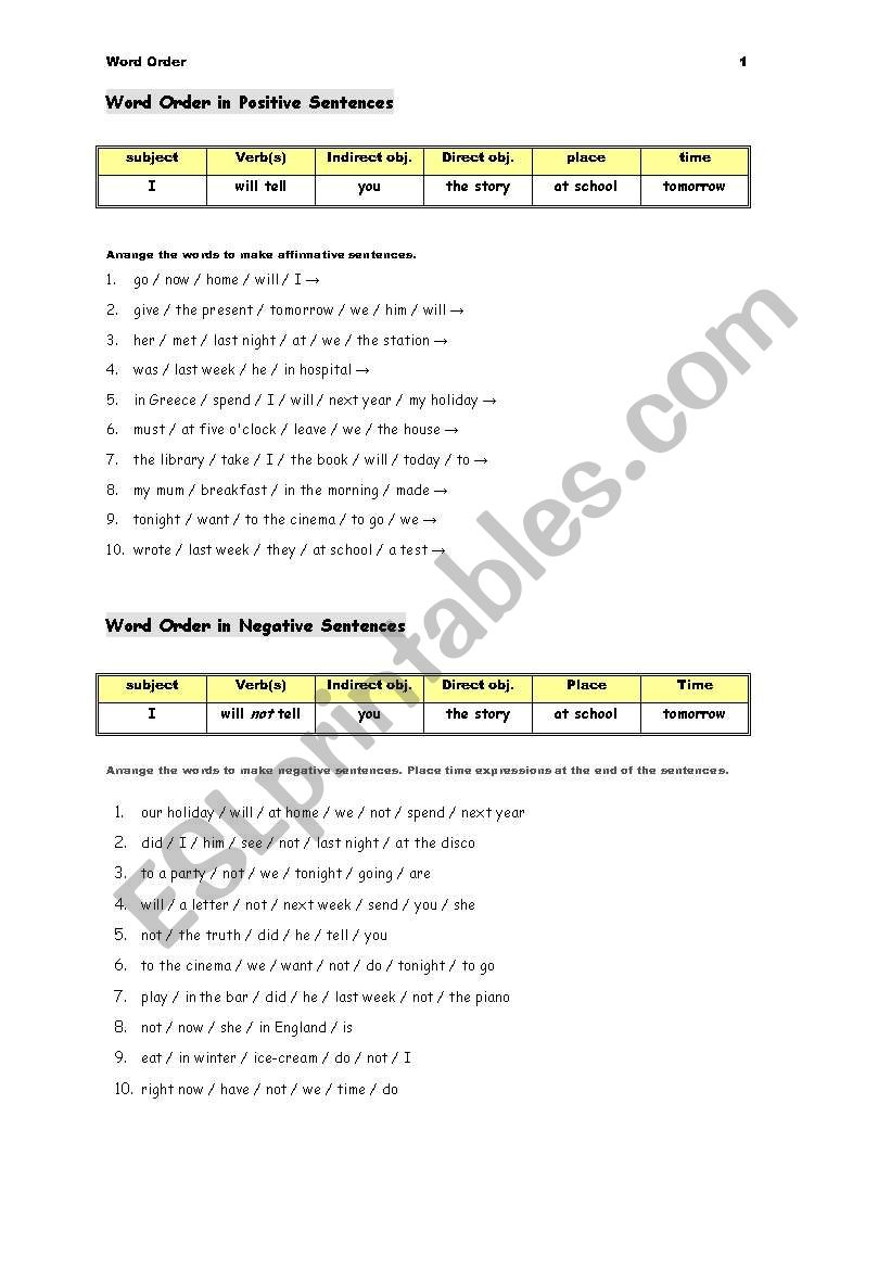 Word Order worksheet