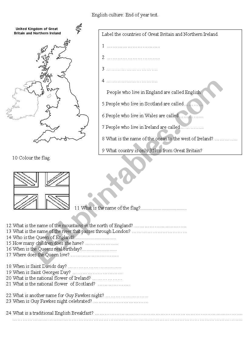 End of year test for cultural studies UK lesson