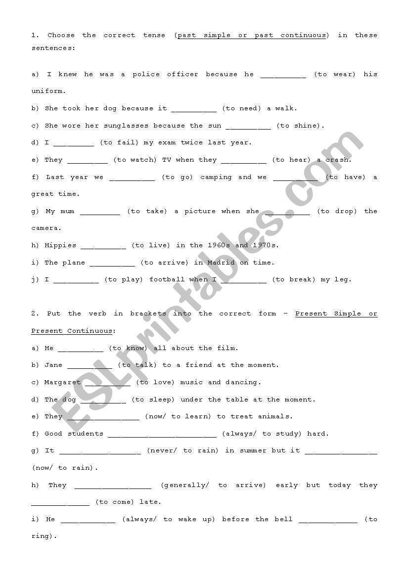 verb tenses worksheet