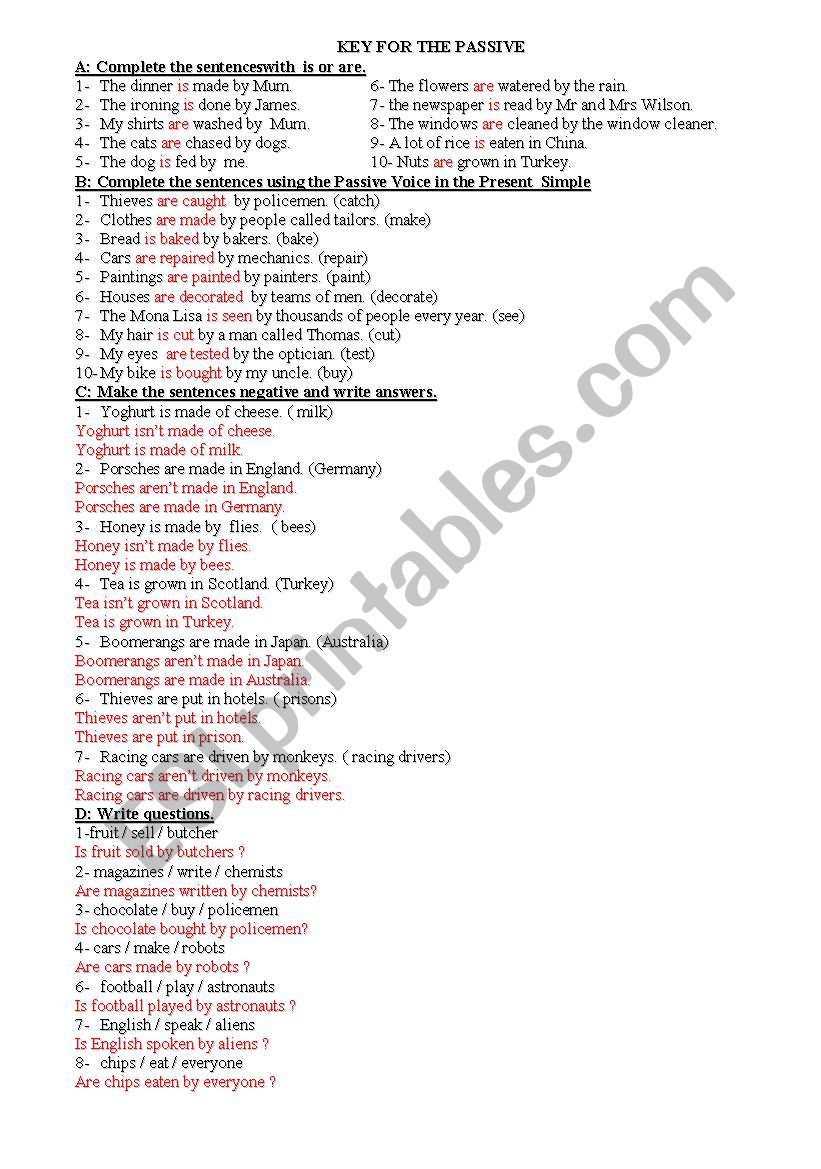 KEY to all about passives worksheet