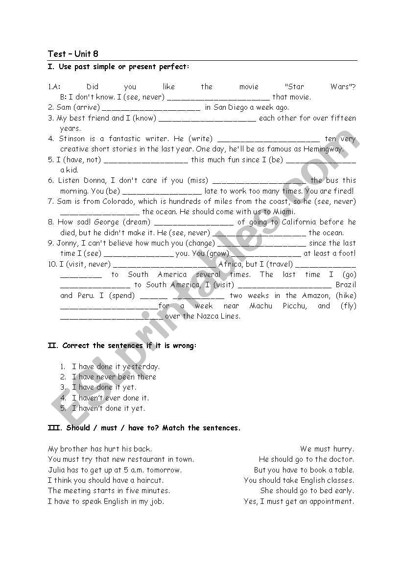 Test Unit 8 of New Headway Pre-Intermediate