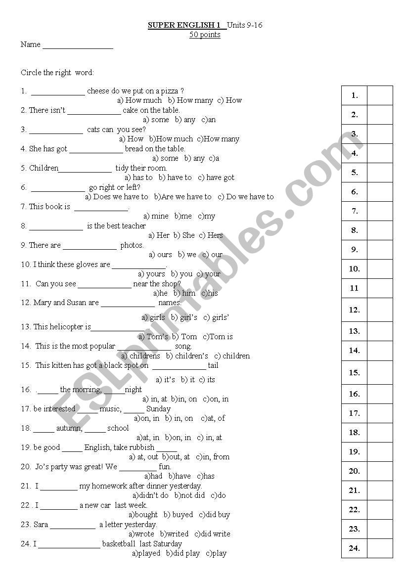  Grammar/Vocabulary Test worksheet