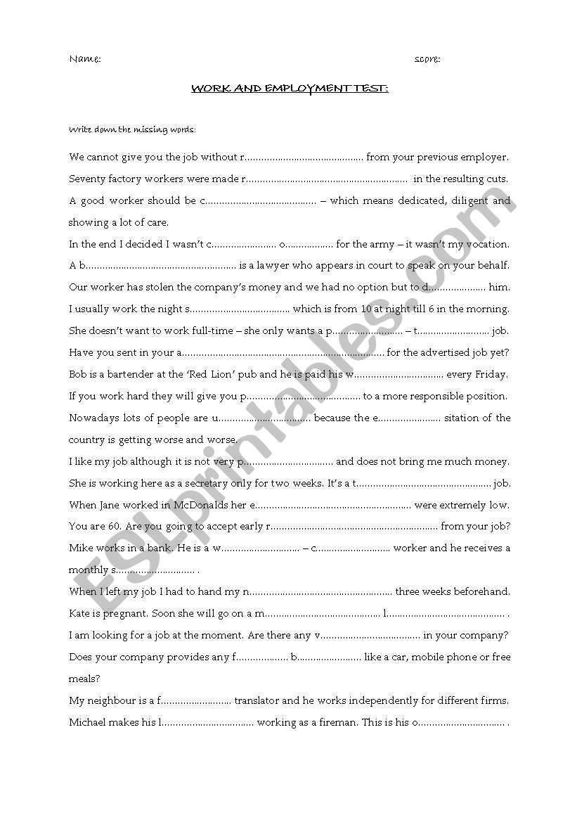 work & employment worksheet