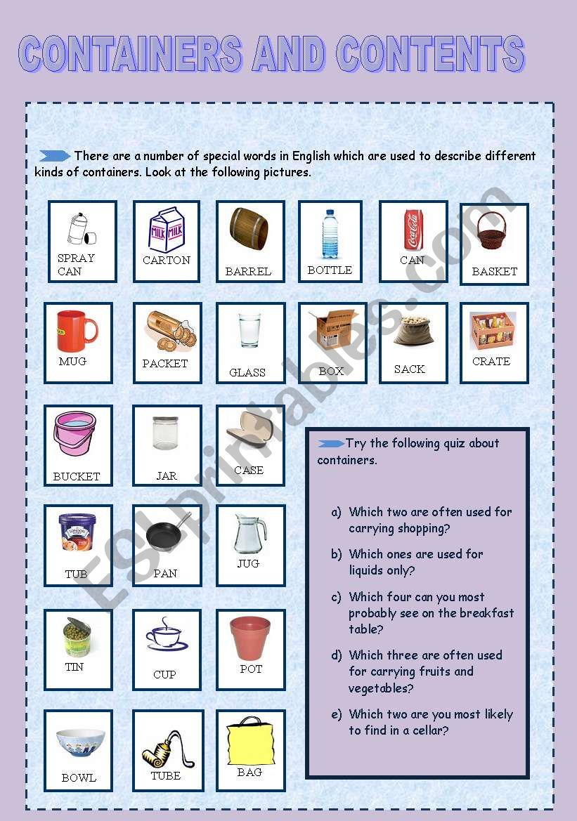 Containers and Contents- 2 pages