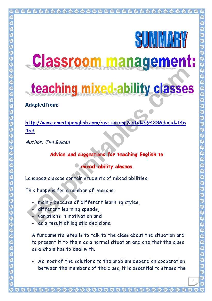 Classroom management: teaching mixed-ability classes: summary of an article 