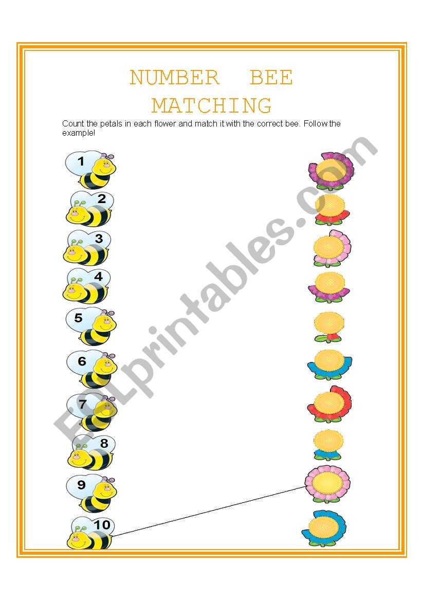 number bee matching - 1 to 10 worksheet