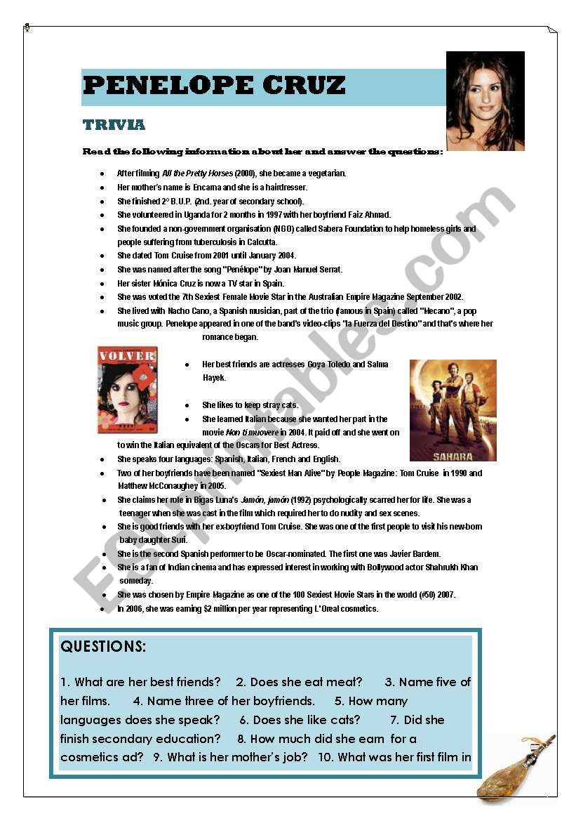 PENELOPE CRUZ TRIVIA and ELEGY exercises (2  PAGES  with answer key)