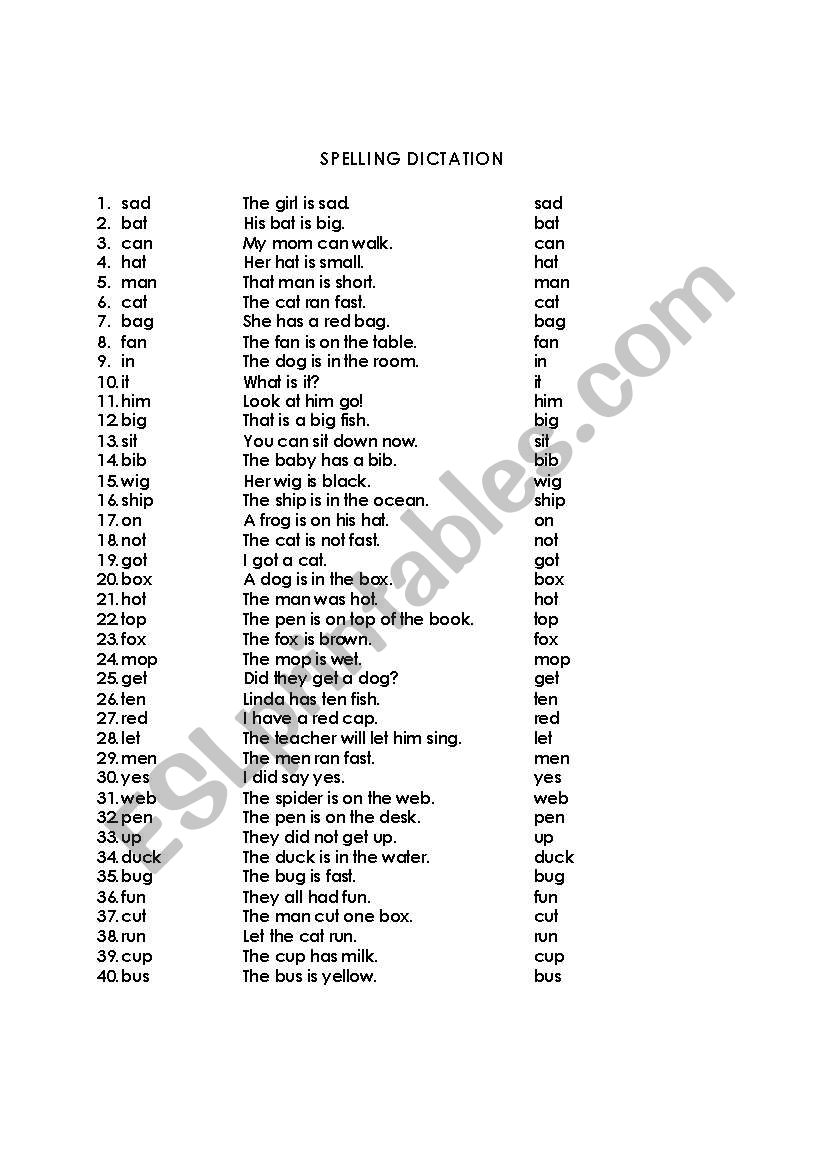 SPELLING LIST 1st LEVEL worksheet