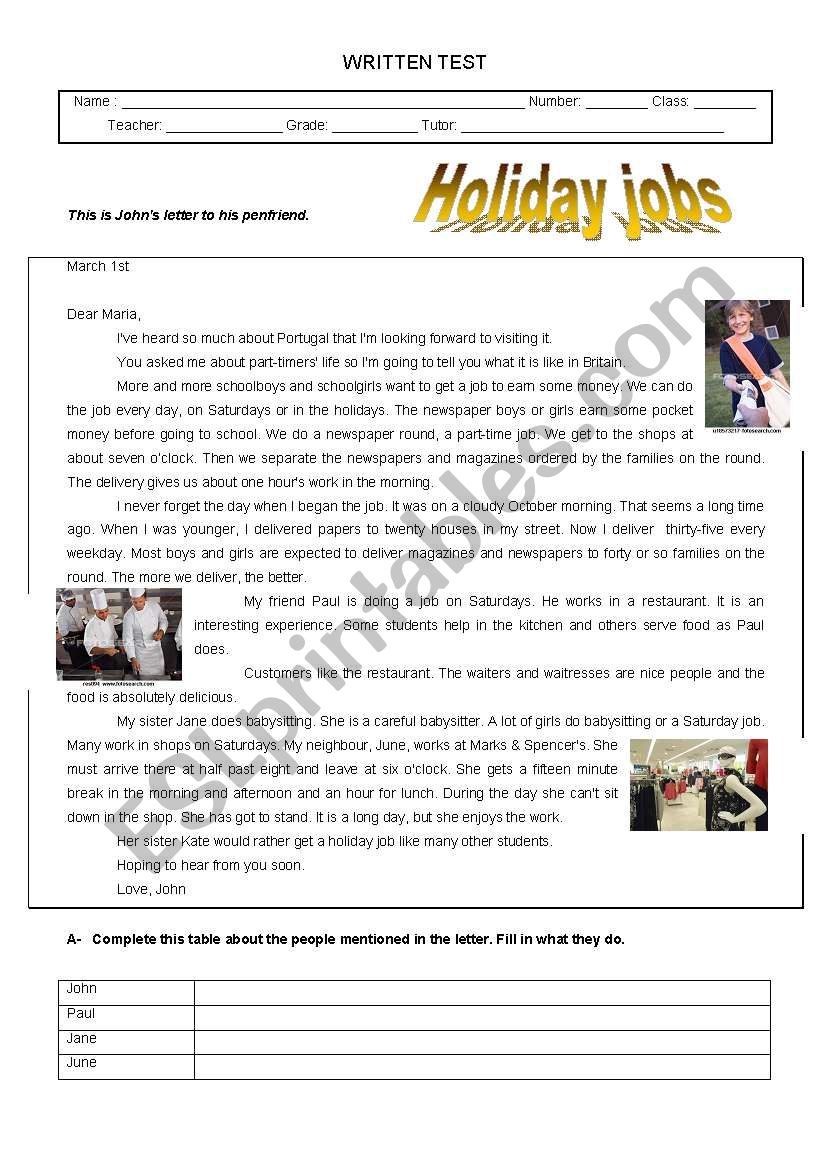 holiday jobs worksheet