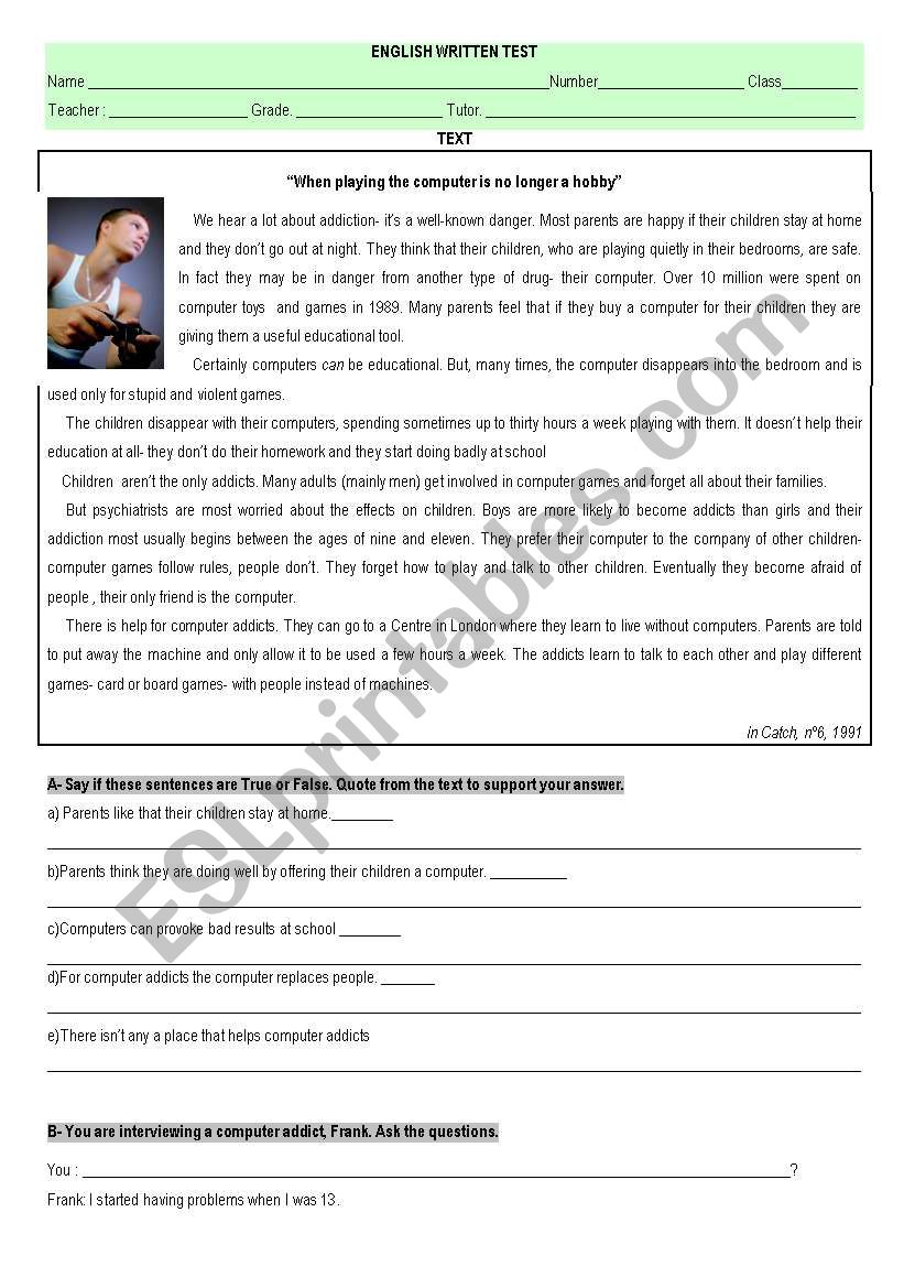 internet addiction worksheet