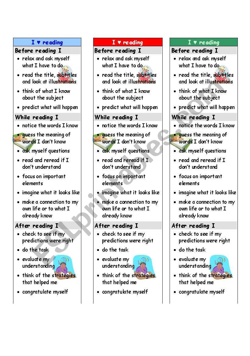 Reading strategies bookmarks worksheet