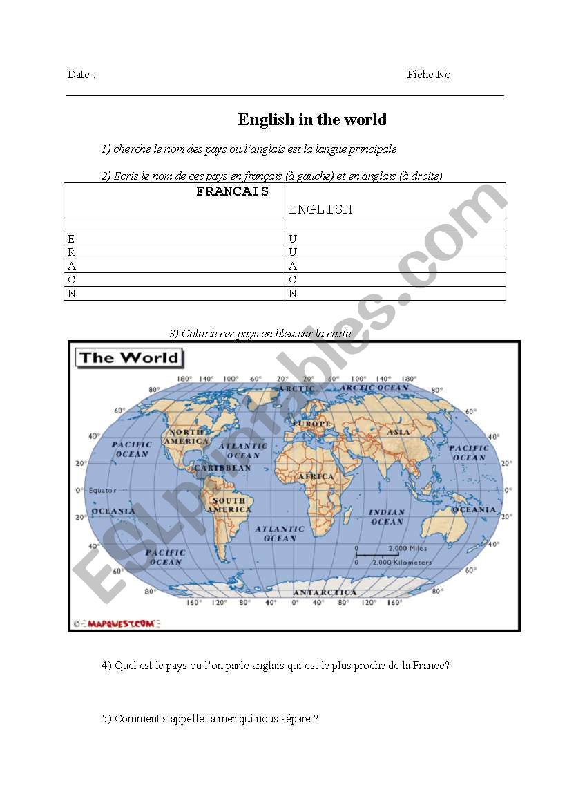 English in the world worksheet