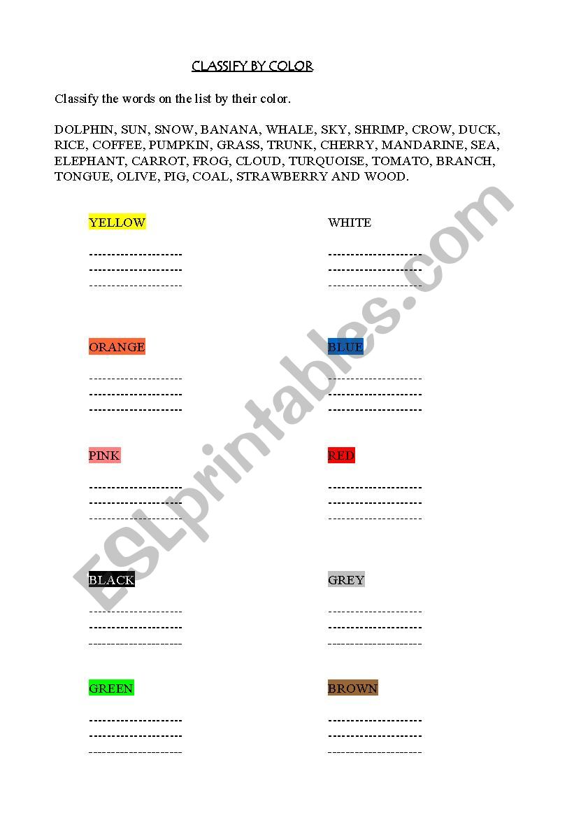 CLASSIFY BY COLOR worksheet