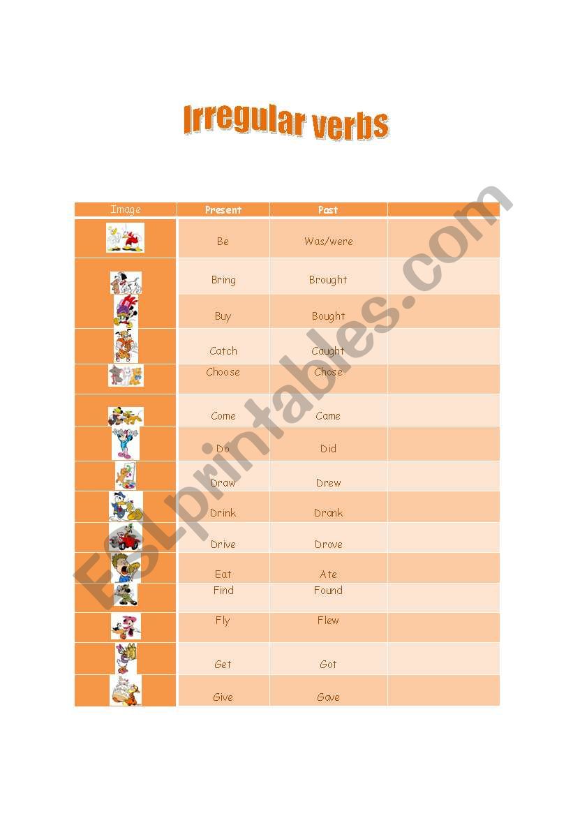 Irregular verb list (only infinitive and past simple) for children 1