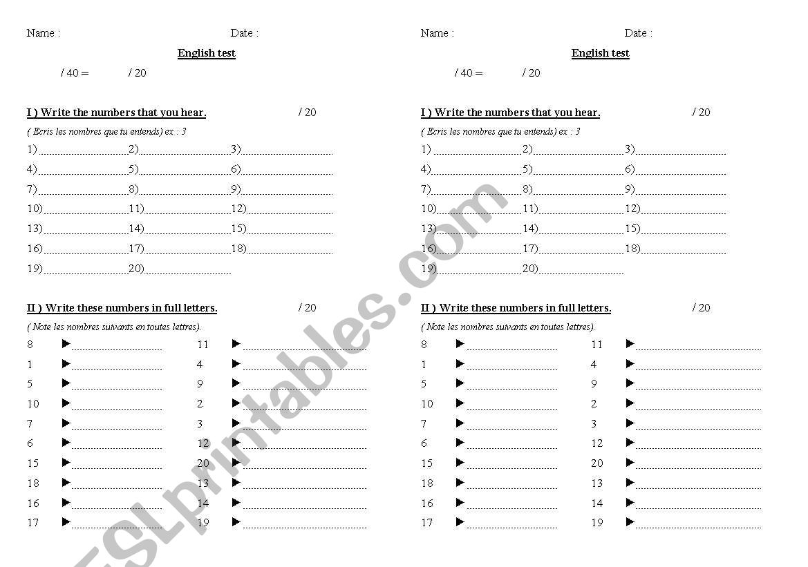 test about numbers from 1 to 20