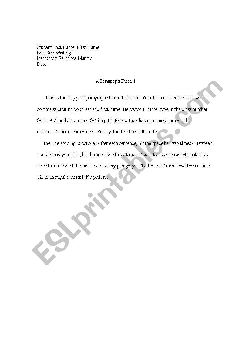 A Paragraph Format worksheet