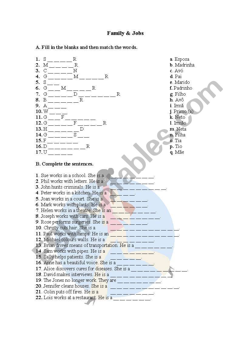 Family & Jobs Worksheet worksheet